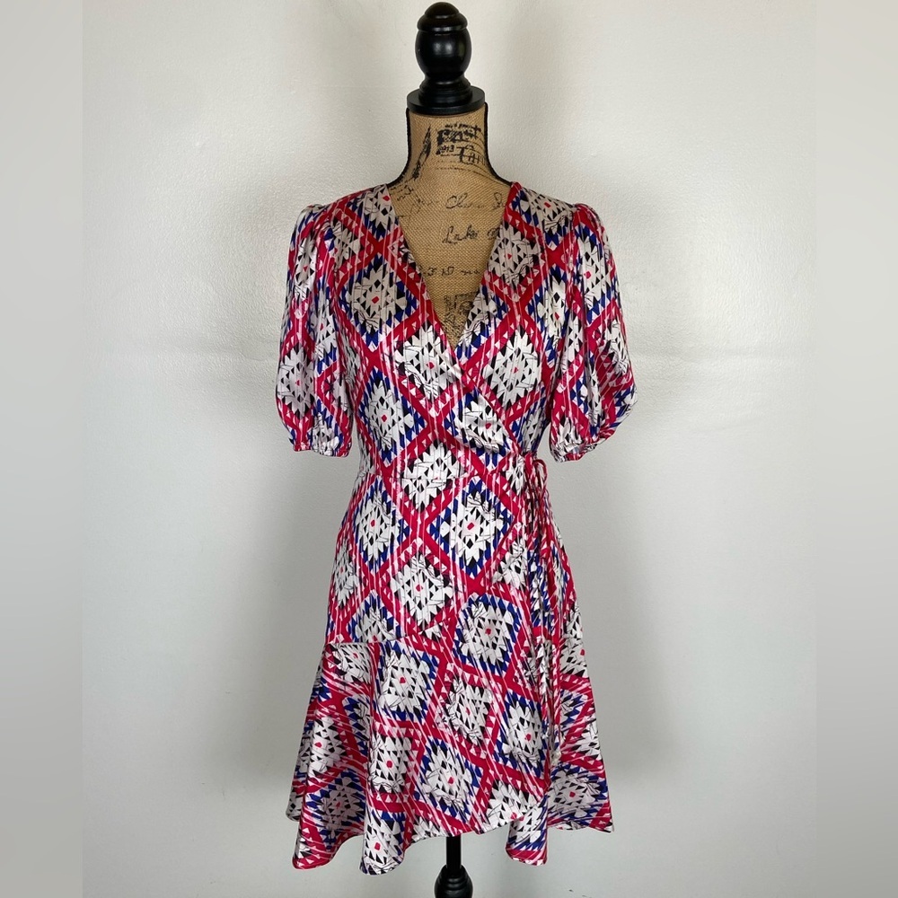 Guess Satin Wrap High Low Mini Dress Size S Ruffle Multicolor Fairy Puff Sleeves